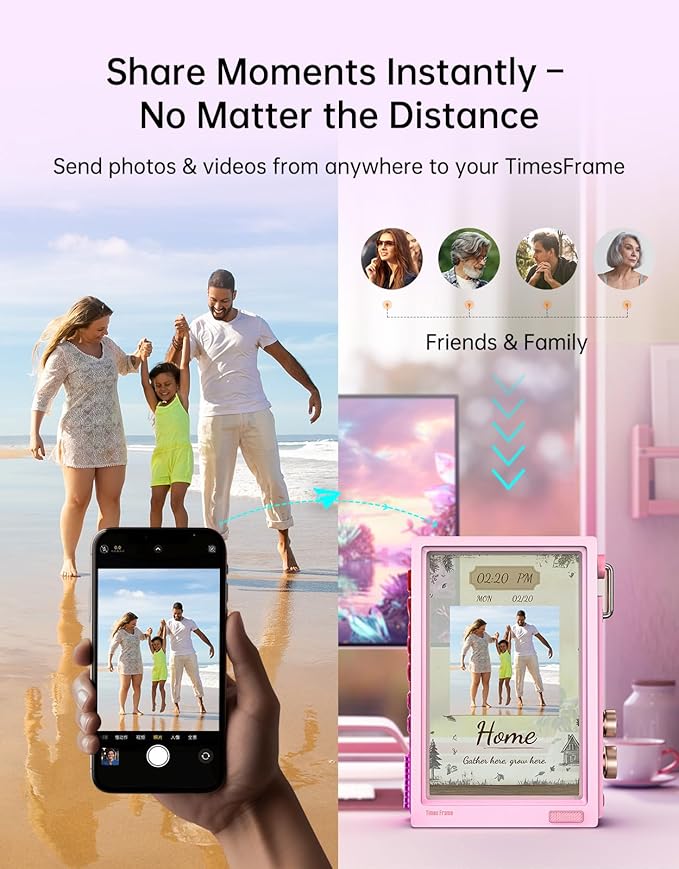 Divoom Times Frame-10.1" Digital Picture Frame Transparent IPS with RGBLED Rotary Knob WiFi 64GB 400+Clock Faces Widget 50+API Feeds Gift Mode Pixel Art Community Personalized Display (Pink)