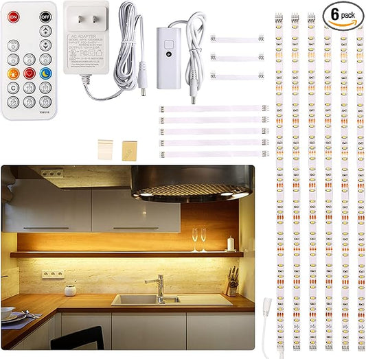 Under Cabinet LED Lighting kit, 6 PCS LED Strip Lights with Remote Control Dimmer and Adapter, Dimmable for Kitchen Cabinet,Counter,Shelf,TV Back,Showcase 2700K Warm White, Bright, Timing