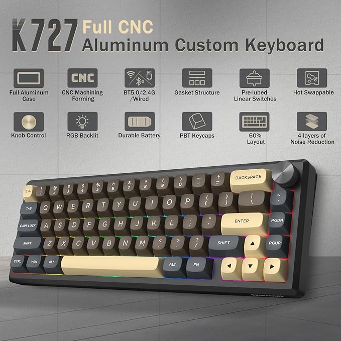 Redragon 60% Wireless Mechanical Gaming Keyboard, Full Aluminum Shell, Bluetooth/2.4GHz/USB-C, Hot Swappable Pre-lubed Linear Switches, Gasket Structure, Creamy Sound, Metal Knob, RGB Light