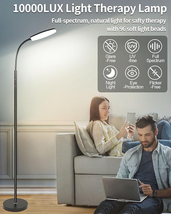Light Therapy Lamp, 10000 Lux UV-Free Happy Therapy Lamp, Full Spectrum Sunlight Lamp with Remote Control, Light Therapy Floor Lamp with 10 Color Temperature & 6 Brightness & Timer-Black
