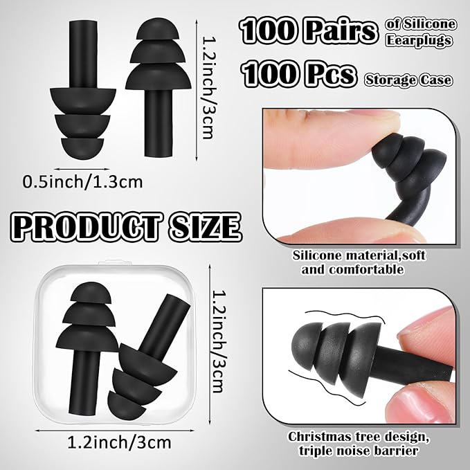 TrelaCo 100 Pairs Ear Plugs Bulk, NRR 29dB Reusable Silicone Ear Plugs with Plastic Cases Soft Foam for Sleeping Noise Cancelling for Concerts Shooting Swimming Noise Reduction(Black)