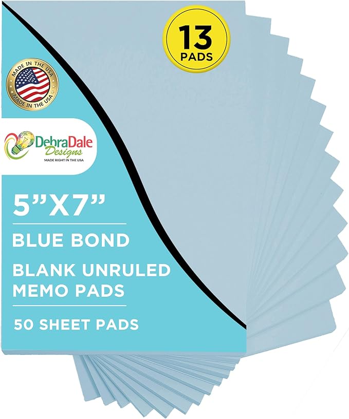 Debra Dale Designs - 5" x 7" Blue Note Pads - Made Right in the USA - 50 Sheets Per Memo Pad - 13 Pads of Paper - 20# Bond Scratch Paper Pads