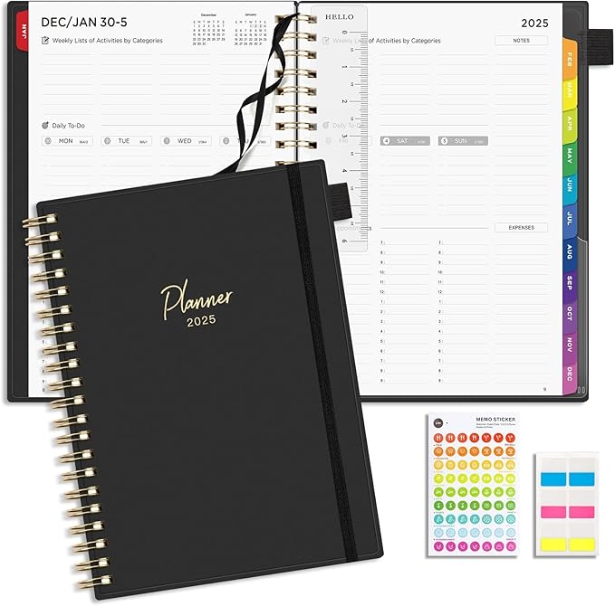 EMSHOI 2025 Planner Hourly Daily Weekly and Monthly, A4 (8.5x11), 3-Tier Appointment Book Vertical Schedule Calendar Organizer for Women Men Work Business, with Monthly Tabs, Note Pages, Black
