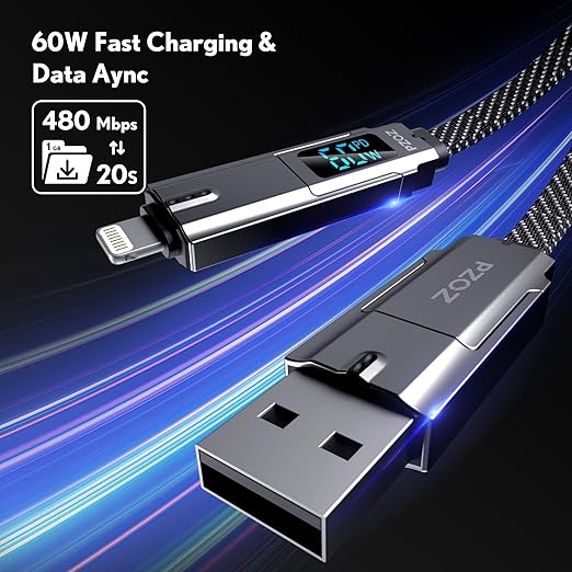 pzoz 4-in-1 USB C Fast Charging Cable with LED Display, Multi USBC Charger Combo Lightning/Type C/USB A Metal Ports for iPhone 17/16/15/14 Pro Max iPad MacBook AirPods Pro Samsung Google (60W, 5 ft)