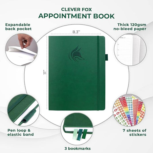 Clever Fox Appointment Book – Hourly Schedule Planner with 15-Minute Increments – Time Box Planner for Daily Work & To-Dos – Weekly & Monthly Spreads, Undated, Hardcover, 8.3x11″ (Dark Green)