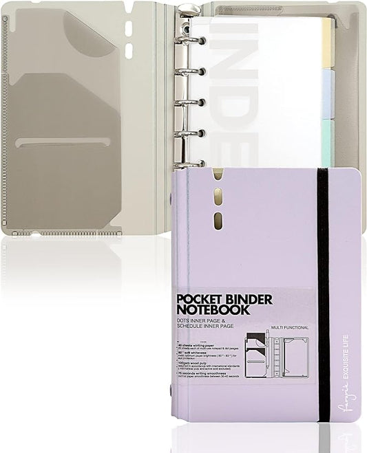 CAGIE A7 Binder 6 Ring Notebook with Dividers Refillable Planner Binder with Pockets, Refill Paper Include Planning Square Ruled and Dotted Pages, 4.13 x 5.71 In, (Light Purple, A7 Hourly&Dot Page)