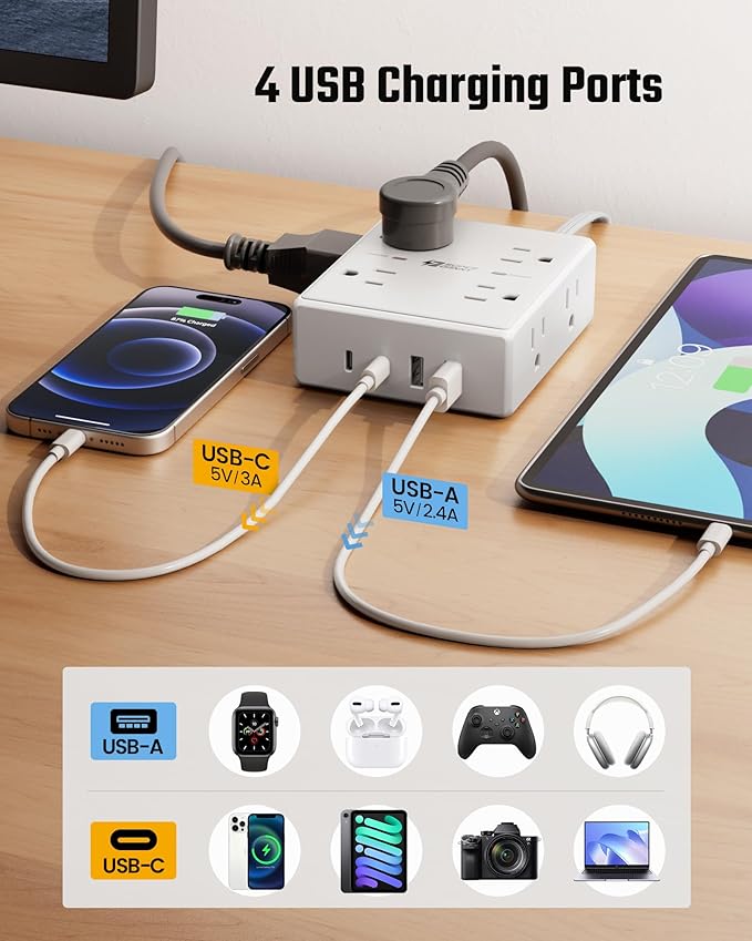 10Ft Extension Cord with Multiple Outlets, Flat Plug Surge Protector Power Strip 10 Ft Long Cord, 8 Outlets & 4 USB Ports (2 USB C), Desk Charging Station for Home Office, College Dorm Room Essentials