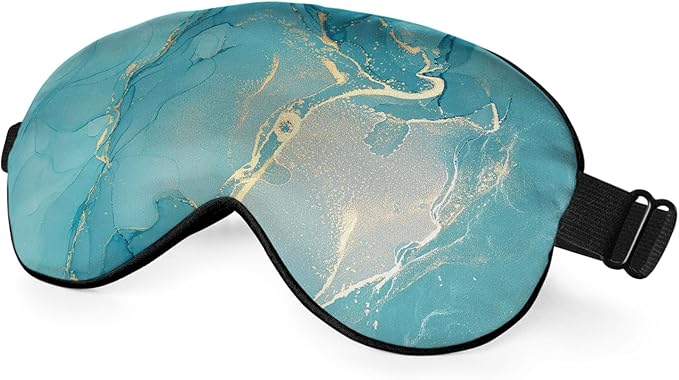 Marble Silk Eye Mask Sleep Mask Alcohol Ink Abstract Blue Golden Glitter Eye Mask with Adjustable Strap Lightweight for Women Work Travel Night Sleep