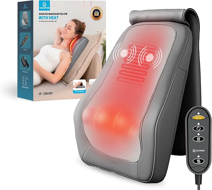 COMFIER Shiatsu Back Massager with Heat & Vibration, Kneed Neck Shoulder Massager for Pain Relief Deep Tissue, Neck Massage Pillow, Portable Lower Back Massager for Chair, Car, Home Office Use-Gray