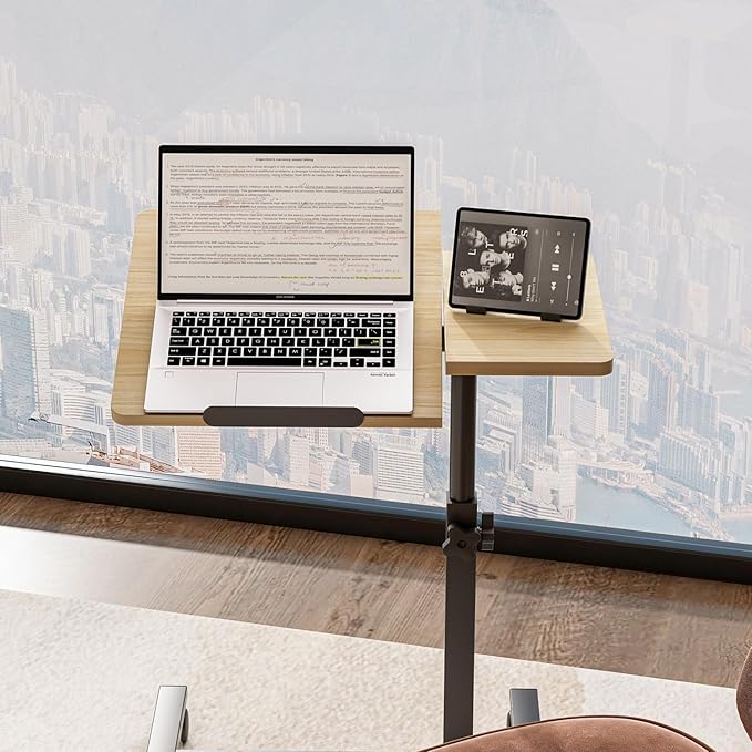 Tilting Over Bed Table Adjustable Height with Wheels Laptop Stand for Couch Hospital Bed Desk Medical Overbed Table Side Tray Tables Computer Workstations-Log