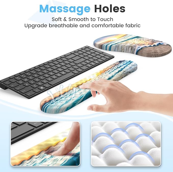 HAOCOO Ergonomic Mouse Pad with Wrist Rest and Keyboard Wrist Rest Pad, Wrist Rest for Computer Keyboard and Mouse Pad Cushion Set, Typing Mousepad with Wrist Support for Office Laptop, Beach