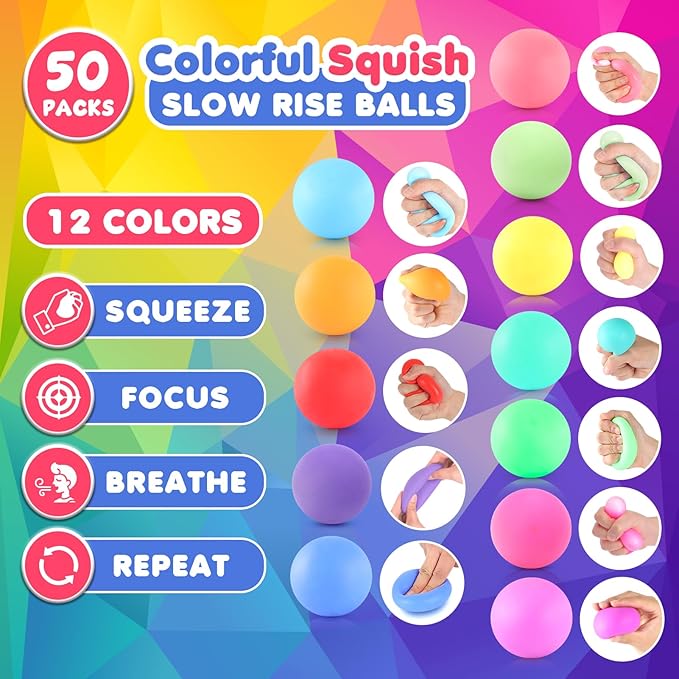 50 Pack Slow Rising Stress Ball, Large Box Stretchy Squishy Ball for Anxiety Relief, Pull Stretch Fidget Toys Bulk for Students, Value Set for Teacher, Offices & Group Therapy