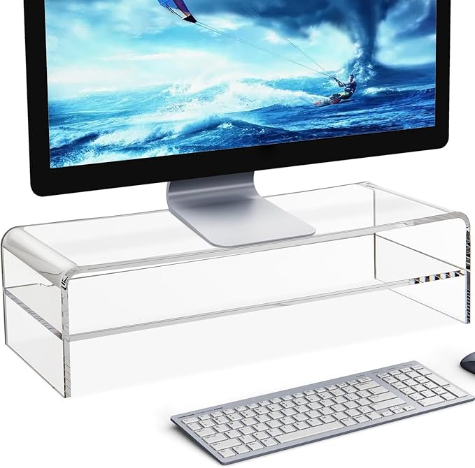 20in Large Acrylic Monitor Stand, 2-Tier Premium Large Laptop Stand, Acrylic Computer Monitor Riser for Home, Office, Business, Keyboard Storage, Multi-Media Laptop, Printer, TV