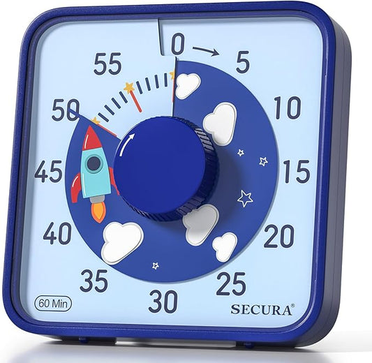 Secura 7.5-Inch Rocket Pattern Visual Timer for Kids, 60-Minute Countdown Timer for Classroom or Kitchen, Durable Mechanical Timer Clock with Magnetic Backing (Blue)
