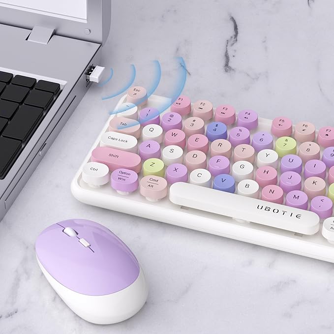 UBOTIE Colorful Computer Wireless Keyboards Mouse Combos, Typewriter Flexible Keys Office Full-Sized Keyboard, 2.4GHz Dropout-Free Connection and Optical Mouse (White-Colorful)