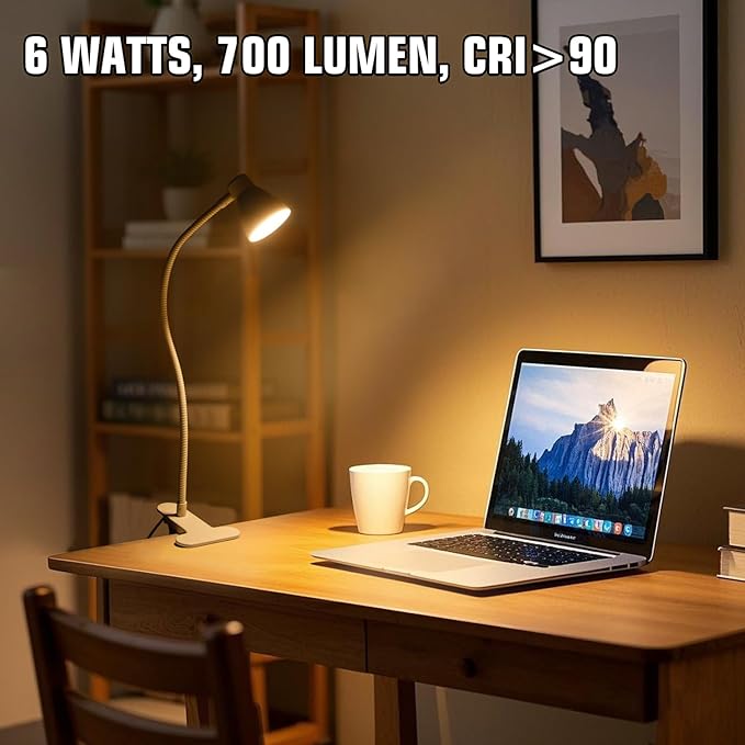 Clamp Desk Lamp, Clip on Reading Light, 3000K-6500K Adjustable Color Temperature, Multiple Illumination Modes, CRI>90, 6Watts (Adapter Not Included)