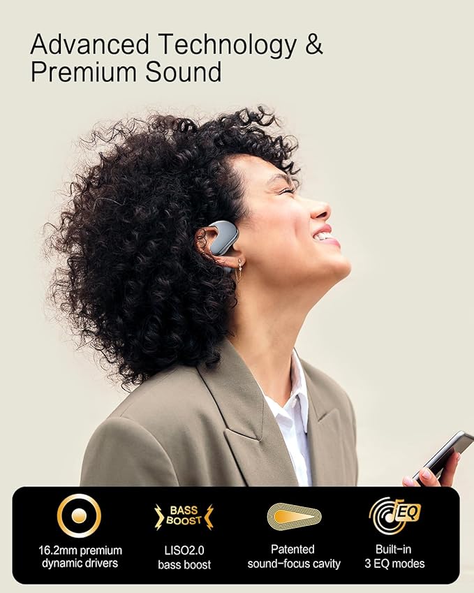 Open Ear Headphones, Dynamic Bass Boost Bluetooth 5.4 Air Conduction Wireless Earbuds w/16.2mm Large Driver, 50H Playtime, 3 EQ Modes, ENC Mic, IPX5, Lightweight Fit for Workout Running Black