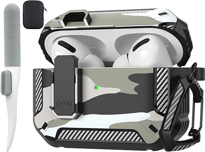 Maxjoy AirPods Pro 2nd/1st Generation Case Cover with Lock, AirPods Pro 2 Protective Case with Keychain Compatible with Apple AirPod Pro2 2023 USB C Cable 2022 Lightning Cable/ Pro1 2019, White Camo