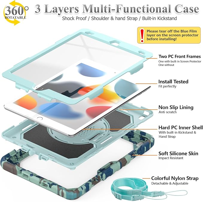 SEYMAC stock Case for iPad 9th/ 8th/ 7th Generation 10.2'', Shockproof with Screen Protector, Pencil Holder [360° Rotating Hand Strap] & Stand, for iPad 10.2 inch 2021-2019 (SkyBlue Camo)