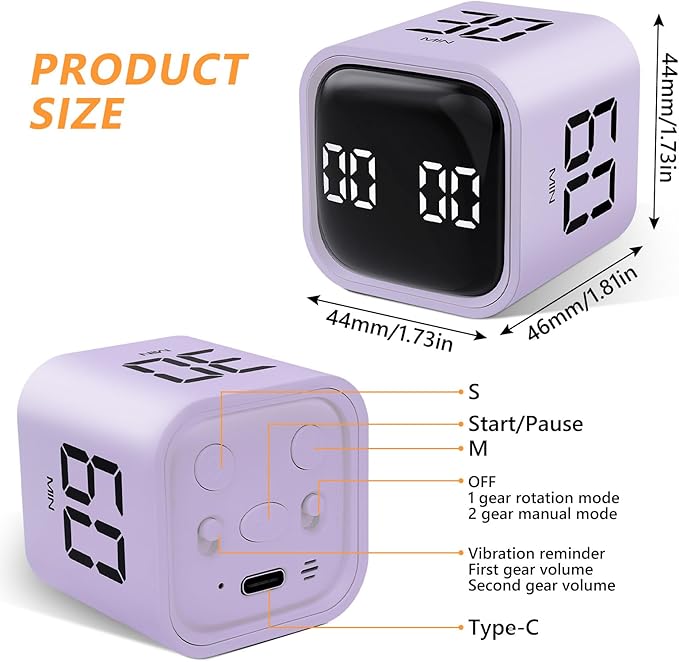 GuDoQi Multi-Function Cube Timer, 5/10/30/60 Min & Custom Count Down, Included Pause & Resume Feature, Silent, Vibrate & Adjustable Sound Alarm for Productivity in Tasks, Study & Kitchen, Purple