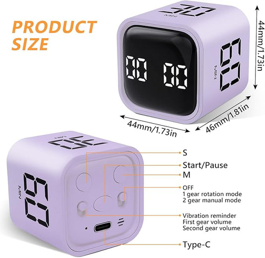 GuDoQi Multi-Function Cube Timer, 5/10/30/60 Min & Custom Count Down, Included Pause & Resume Feature, Silent, Vibrate & Adjustable Sound Alarm for Productivity in Tasks, Study & Kitchen, Purple