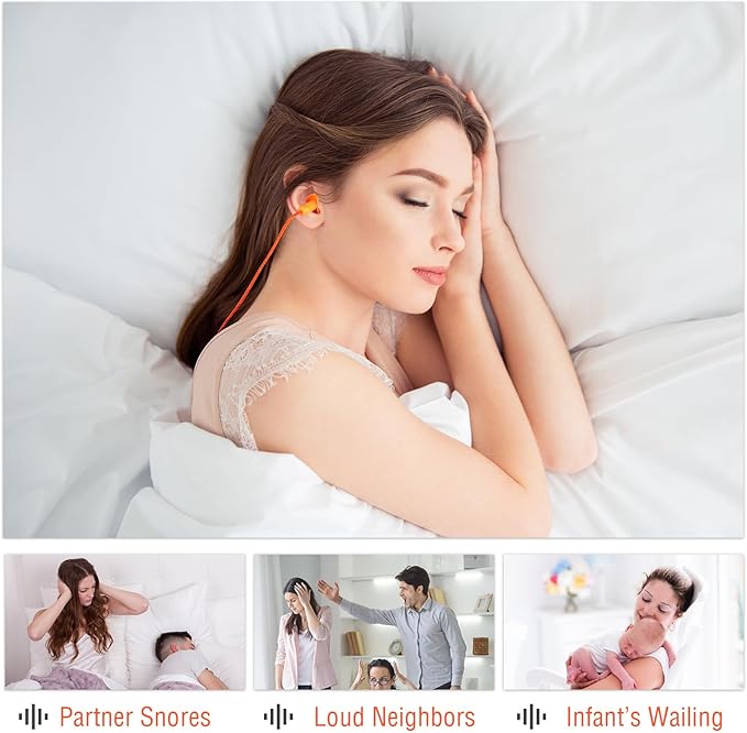 Tondiamo 200 Pairs Ear Plugs Reusable Silicone Earplugs with Cord Sleeping Individually Wrapped Hearing Protection Noise Cancelling Earplugs for Work Construction Shooting Sports (Orange)