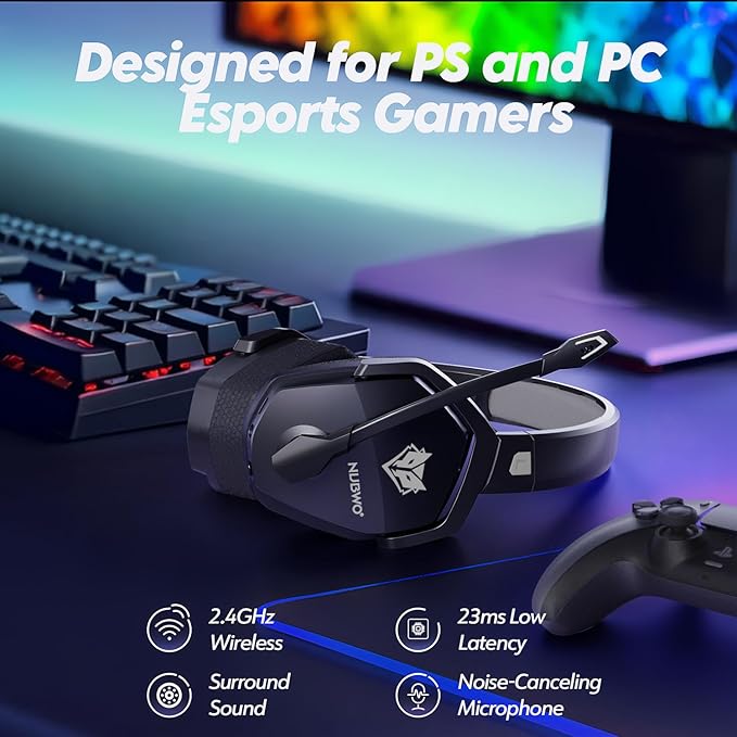 NUBWO Wireless Gaming Headset with Mic for Ps5 Ps4 PC, Zero Interference, 100-Hour Battery All-Day Play, 23ms Sync for Fortnite & Call of Duty/FPS Gamers, Triple Mode All Devices Compatible - Gray