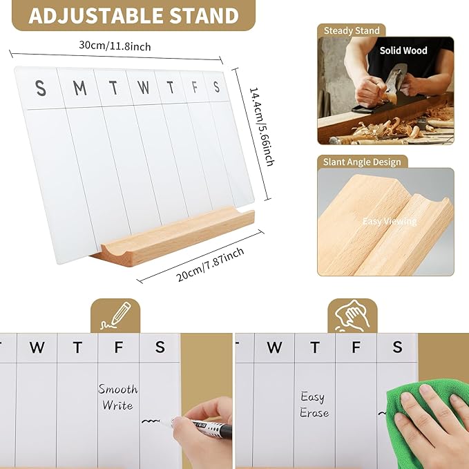 Desktop Glass Weekly Whiteboard with Detachable Wood Stand Weekly Dry Erase Board Weekly Calendar Whiteboard Weekly Planner to Do List White Board Desk Planner 11.8x5.86" for Office, Home, School