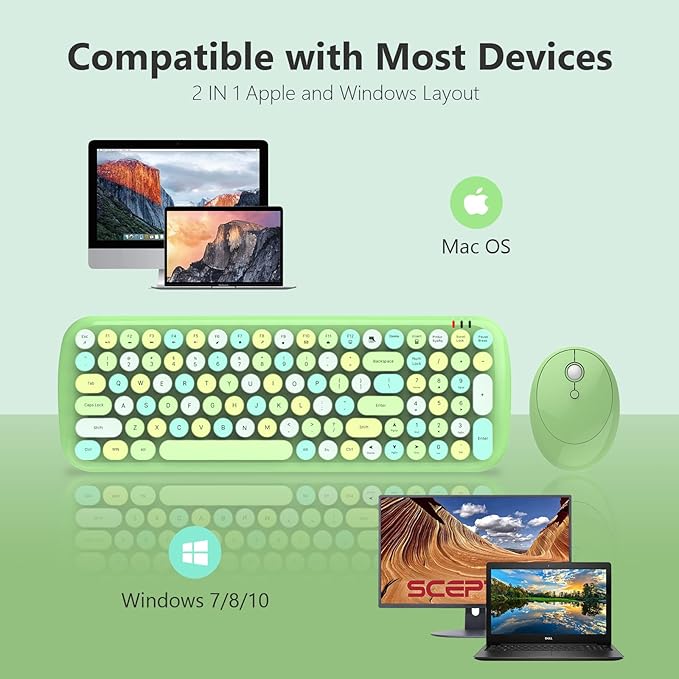 MOFii Wireless Keyboard and Mouse, Ergonomic Full Size Typewriter Keyboard and Mouse Combo for Mac, Windows 7/8/10, Laptop, Desktop, PC, Computer (Green Colorful)