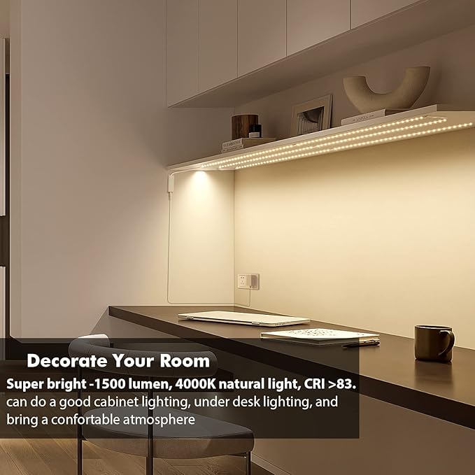 WOBANE Under Cabinet Lighting Kit, 6PCS 20inch LED Strip Bars with 24W Adapter,RF Remote,Hidden Super Bright Daylight for Kitchen Cabinet,Under Desk,Counter Lighting,4000K Natural White,1500LM