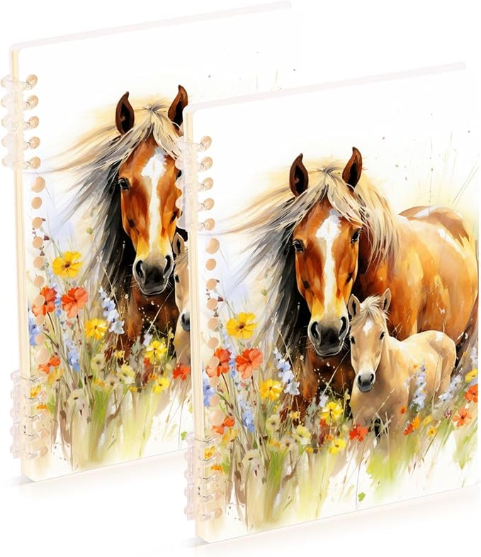 senya Spiral Notebook Ruled 2 Pcs, Horse Among Flowers Journals for Study and Notes 60 Pages with Durable Hardcover
