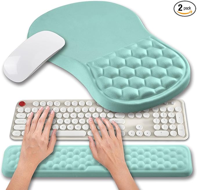 Hokafenle 2 in 1 Ergonomic Mouse Pad Wrist Support & Wrist Rest for Computer Keyboard Set, with Relieve Carpal Tunnel Pain Massage Bulge and Full Memory Gel Design (2In1 Set, Light Blue)