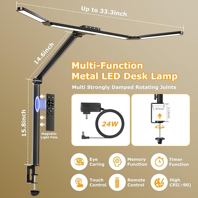 LED Desk Lamp with Clamp, Architect Desk Lamp for Home Office with Remote, 24W Ultra-Bright Desk Light with Stepless Dimming and Stepless Color Temp, Memory Function for Study and Workbench