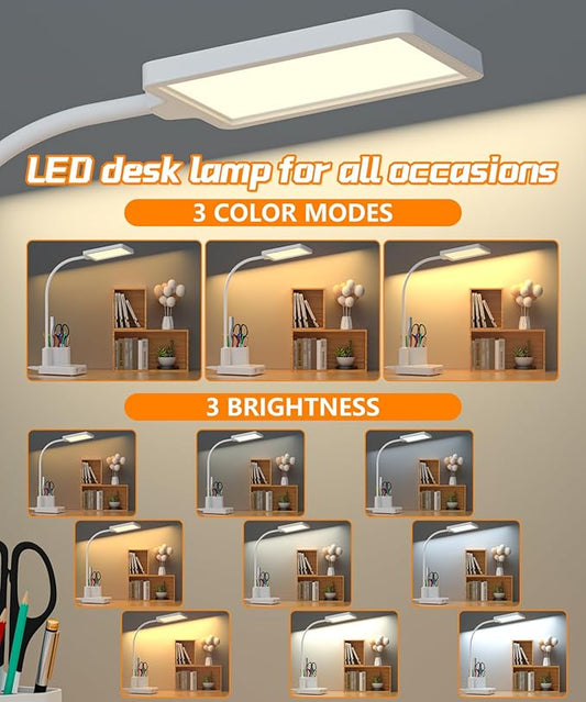 Desk Lamp, LED Desk Lamps for Home Office with 2 USB Charging Port/Outlet/Organizer,Desk Lamp for College Dorm Eye-Caring Study Light,Gooseneck Table Lamp with Pen Holders/Storage,9 Lighting Modes