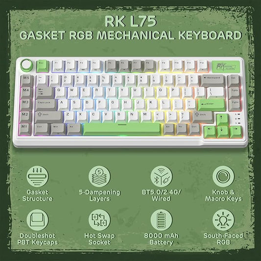 RK ROYAL KLUDGE L75 Gasket Mount Mechanical Keyboard w/Knob/Macro Keys & Touchable Nameplate, Tri-Mode 75% TKL Wireless Keyboard BT/2.4G/USB-C, Hot Swappable, Pro Software, Massive 8000mAh Battery