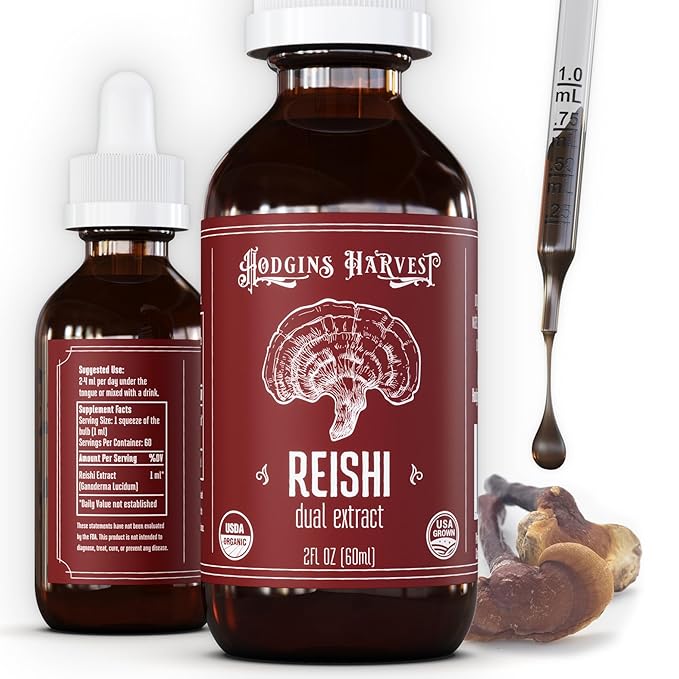 Hodgins Harvest Organic Reishi Mushroom Fruiting Body Extract Tincture - Extra Concentrated Dual Extract Supplement - Supports Heart Health & Wellness - USDA Organic Mushrooms - 2 oz