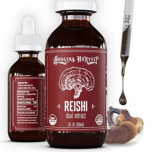 Hodgins Harvest Organic Reishi Mushroom Fruiting Body Extract Tincture - Extra Concentrated Dual Extract Supplement - Supports Heart Health & Wellness - USDA Organic Mushrooms - 2 oz