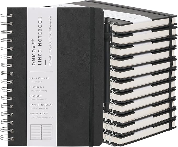 Spiral Notebooks Journal for Women Men 12 Pack Bulk Leather Hardcover with Pen Holder A5 160 Pages 100 GSM Thick Paper for Work School Lined Black