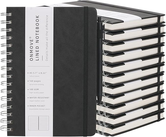 Spiral Notebooks Journal for Women Men 12 Pack Bulk Leather Hardcover with Pen Holder A5 160 Pages 100 GSM Thick Paper for Work School Lined Black