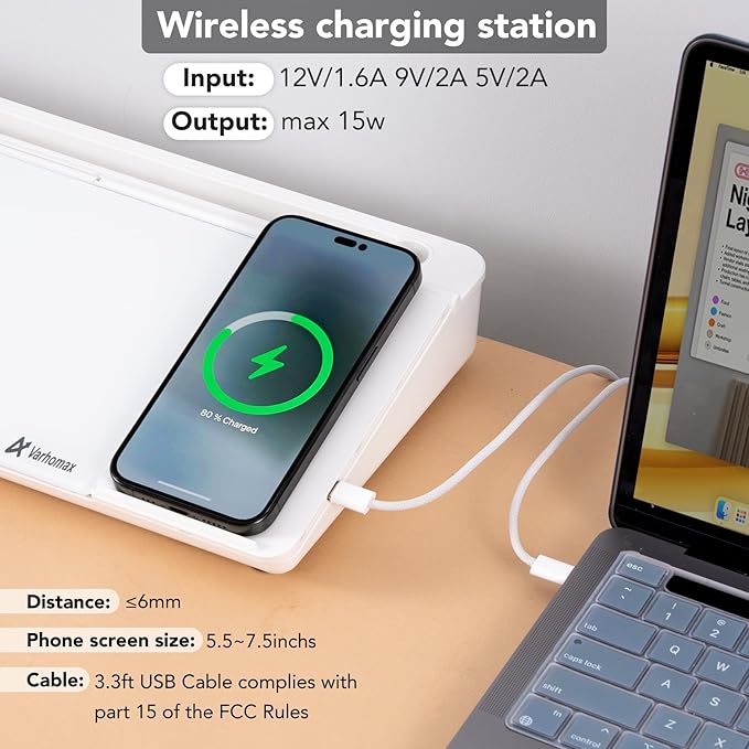 Varhomax Glass Desk Whiteboard with Wireless Charger, Desktop Dry Erase White Board with Storage, to Do List Memo Notepad for Home and Office