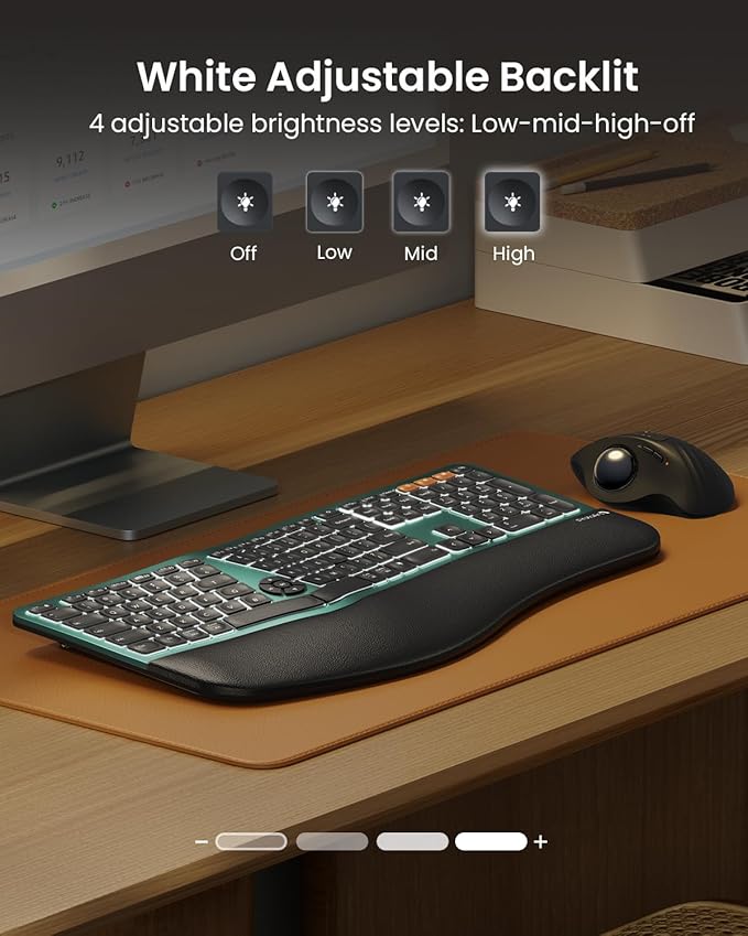 ProtoArc Backlit Bluetooth Ergonomic Keyboard, EK01 Plus Full Size Wireless Split Keyboard with Dual Bluetooth and USB, Cushioned Wrist Rest, Rechargeable, Compatible with Windows/Mac/Android, Green