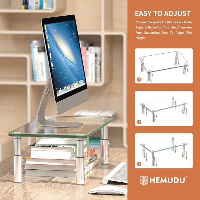 Hemudu Monitor Stand -3 Adjustable Height Monitor Riser, Computer Monitor Stand, Desktop Organizer, Monitor Stand Riser for PC, Computer, Laptop Clear