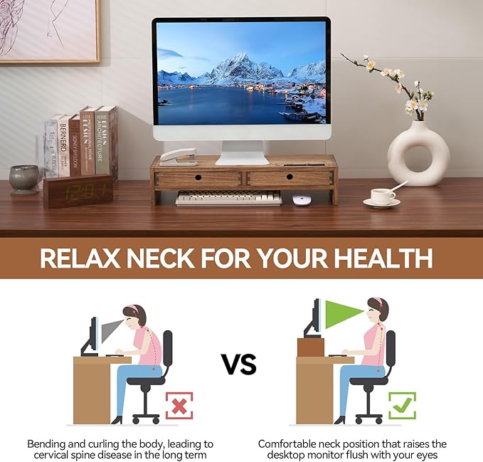 KIRIGEN Wood Monitor Stand with 2 Drawers - Computer Arm Riser Desk Storage Organizer,Speaker TV Laptop Printer Stand with Pen Slot and Cable Management,Dark Brown Desktop Shelf for Office DBR-2PMJ