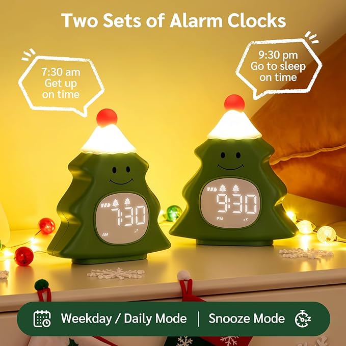 Yiliaw Kids Alarm Clock with Night Light, Christmas Tree Wake Up Clock, Rechargeable Cute Alarm Clock for Bedroom, for Boys and Girls, Green