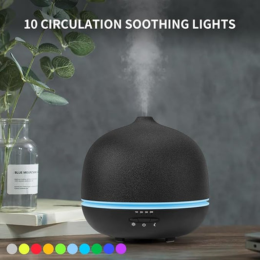 Wanlola 500ml Essential Oil Diffuser,Black Large Ceramic Diffusers,Ultrasonic Cool Mist Humidifier with 4 Timer & 10 Colors Light for Home,Gift