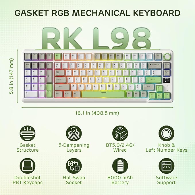 RK ROYAL KLUDGE L98 Wireless Mechanical Keyboard w/Left-Handed Southpaw Design Numpad & Hot Swappable Knob, Tri-Mode 95% Keyboard BT/2.4G/USB-C, Pro Software, Gasket Mount, Massive 8000mAh Battery