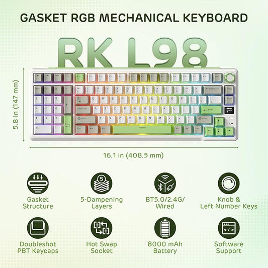 RK ROYAL KLUDGE L98 Wireless Mechanical Keyboard w/Left-Handed Southpaw Design Numpad & Hot Swappable Knob, Tri-Mode 95% Keyboard BT/2.4G/USB-C, Pro Software, Gasket Mount, Massive 8000mAh Battery