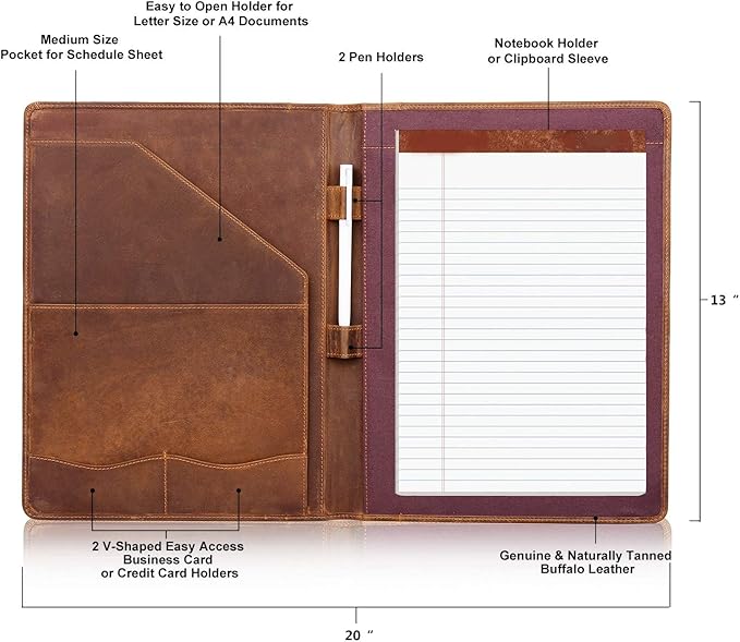 Jack&Chris Leather Portfolio, A4 Document Folder Legal Pad Padfolio, Professional Writing Letter Notepad Clipboard Sleeve Organizer, Resume Folio Binder for Men&Women,JC1823