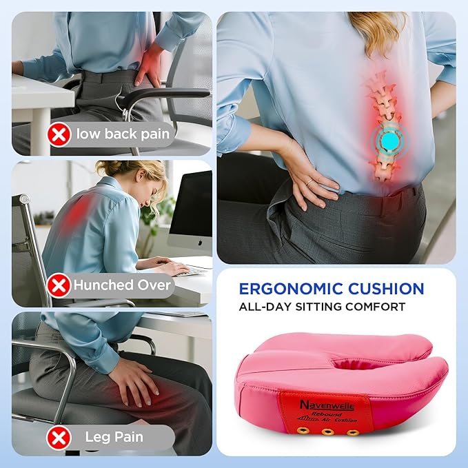 Seat Cushion for Office Chair – Memory Foam Car Seat Cushion for Sciatica, Tailbone, Back & Hemorrhoid Pain Relief U-Shaped Ergonomic High-Density Breathable Foam with Non-Slip Base (Pink)