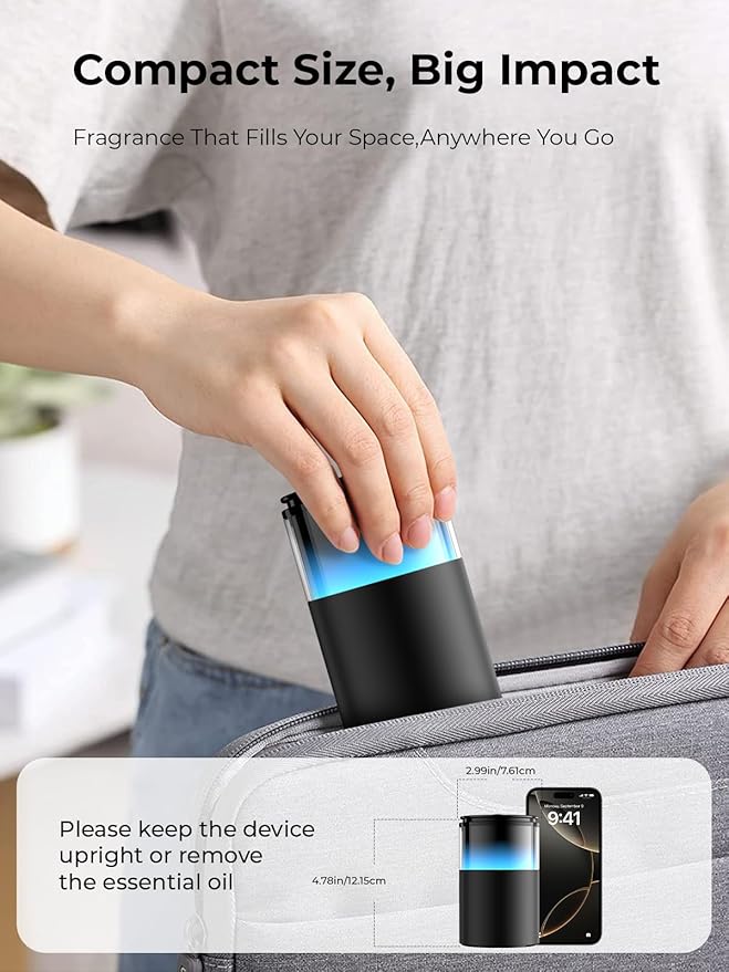 Waterless Essential Oil Diffuser: Battery Mini Scent Diffusers for Home&Car with 8 Color LED Night Light — Cool Mist Aroma Machine Deep Black